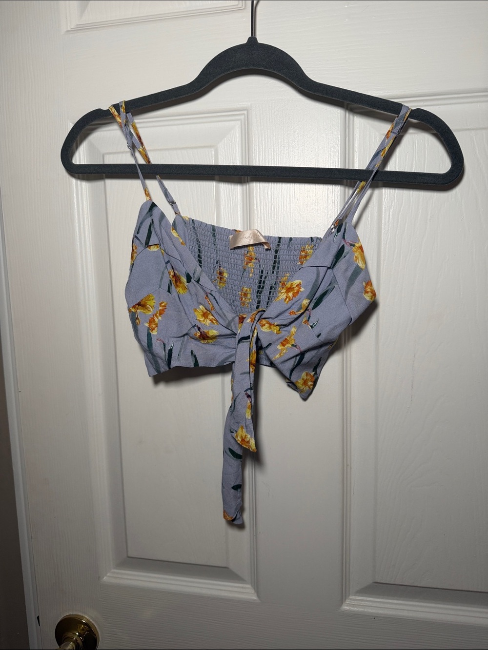 Floral Tie-Front Crop Top - Light blue with Yellow Floral